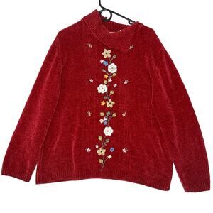 Vintage Alfred Dunner Plus 1X Chenille Knit Sweater Red Floral Grannycore Y2K
